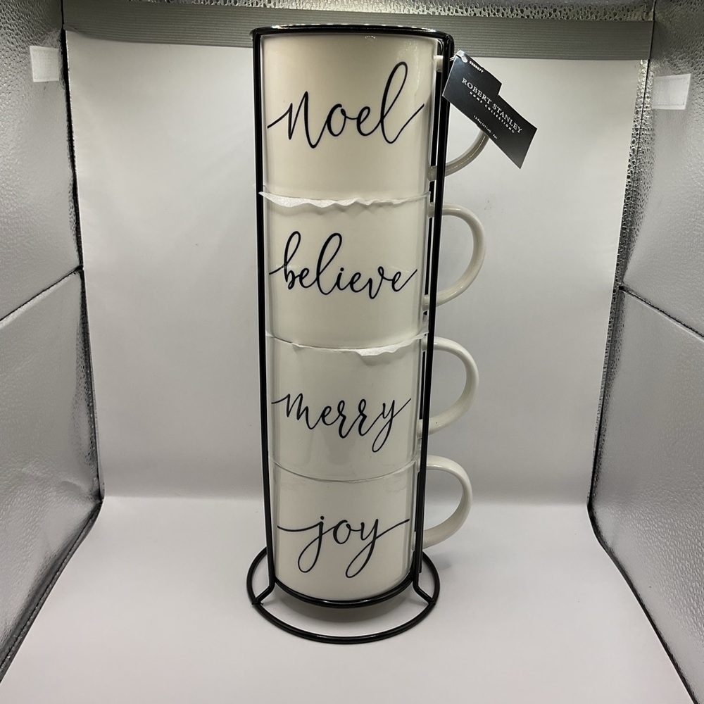 Robert Stanley NWT 4-piece Stacking Mug Set w/Black Metal Stand Home Collection